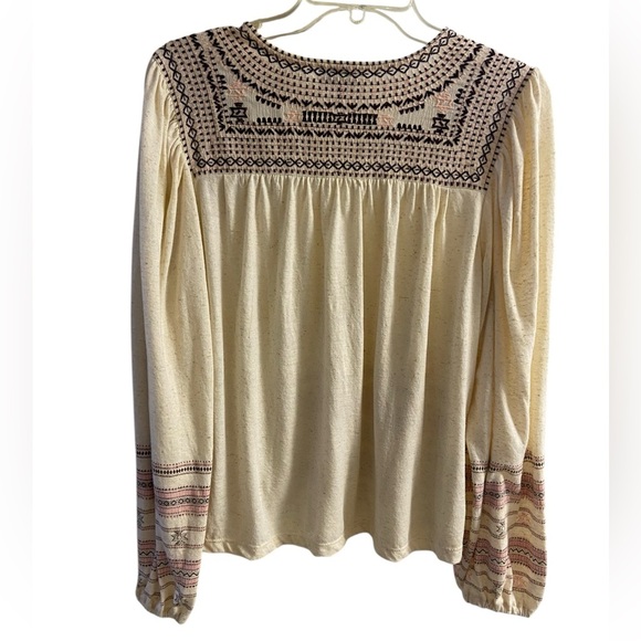 Lucky Brand gauzy peasant v neck blouse cream embroidered linen blend Medium - Picture 3 of 8